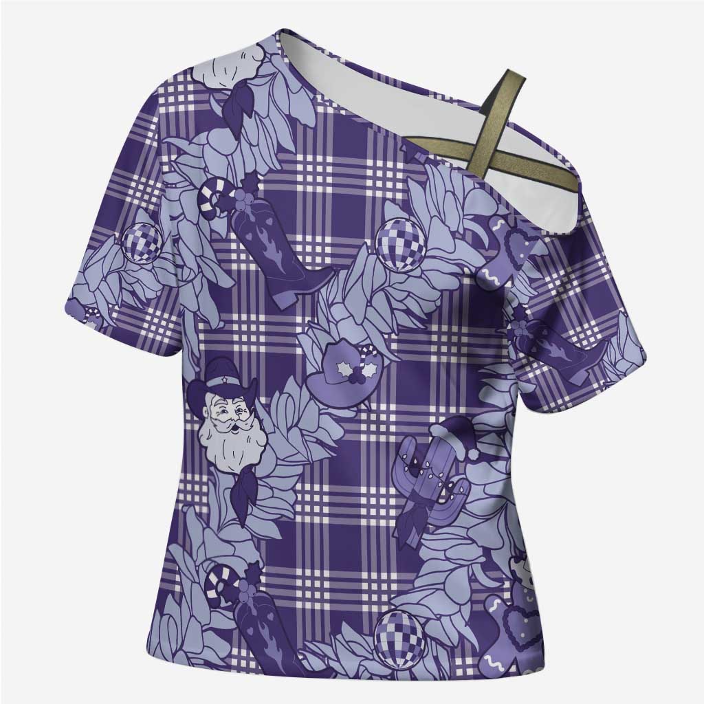 Purple Palaka Hawaii Cowboy Christmas Cross Shoulder Shirt Paniolo Mix Maile Lei - Polynesian Pride
