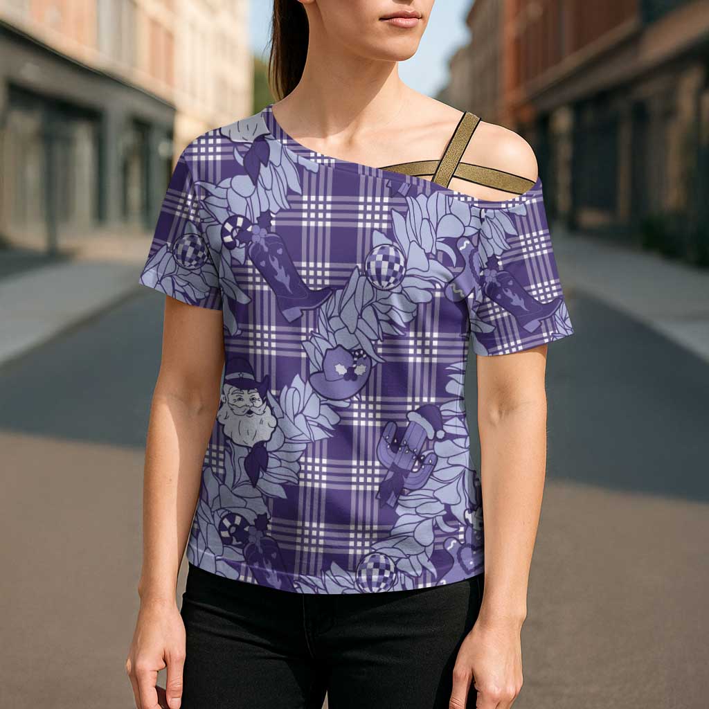 Purple Palaka Hawaii Cowboy Christmas Cross Shoulder Shirt Paniolo Mix Maile Lei - Polynesian Pride