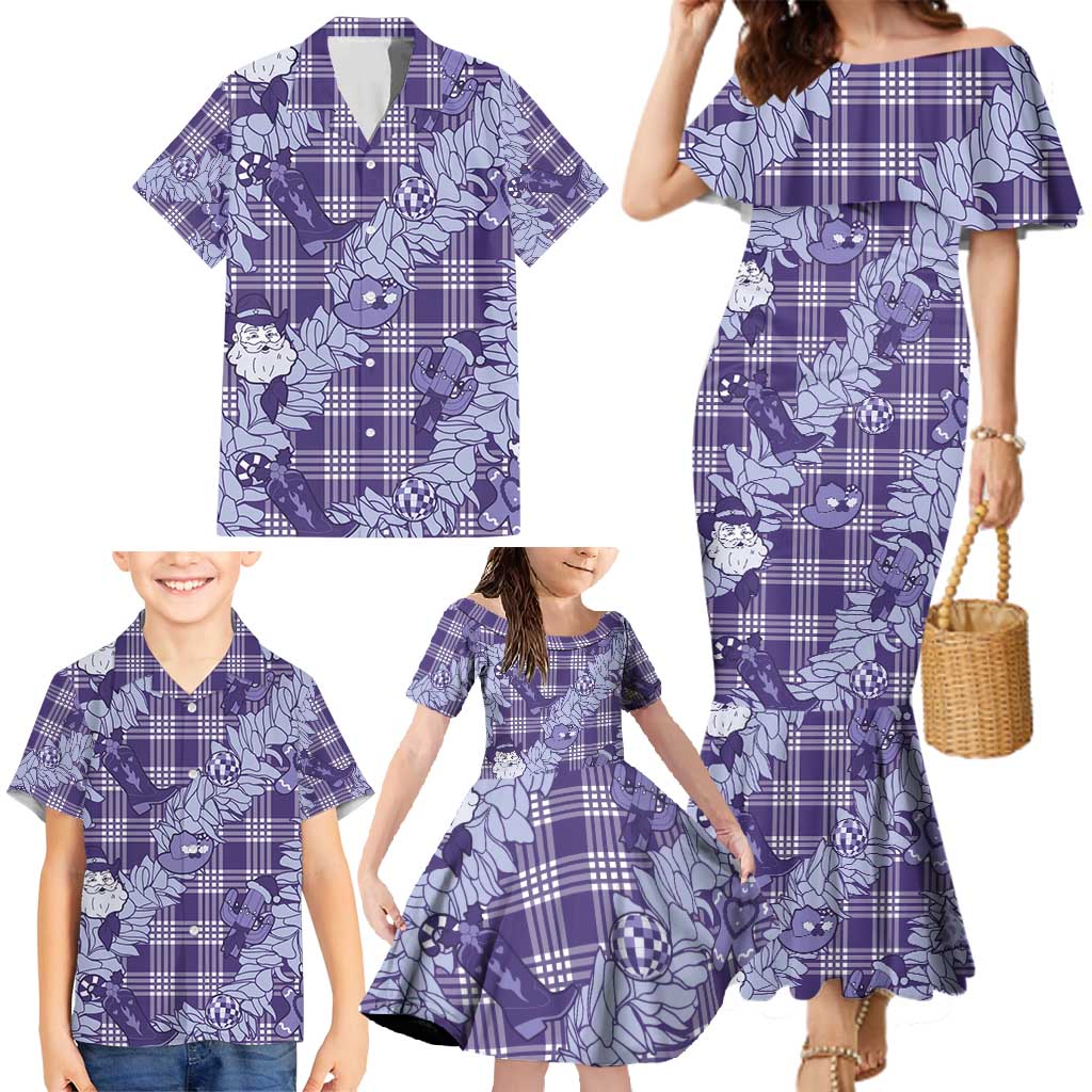 Purple Palaka Hawaii Cowboy Christmas Family Matching Mermaid Dress and Hawaiian Shirt Paniolo Mix Maile Lei - Polynesian Pride