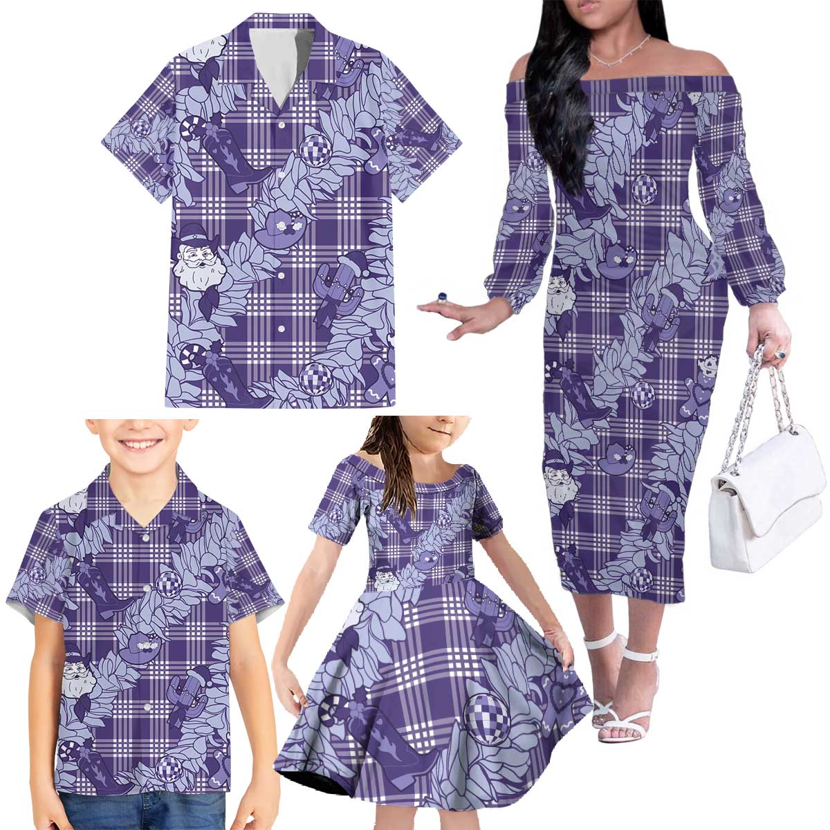 Purple Palaka Hawaii Cowboy Christmas Family Matching Off The Shoulder Long Sleeve Dress and Hawaiian Shirt Paniolo Mix Maile Lei - Polynesian Pride