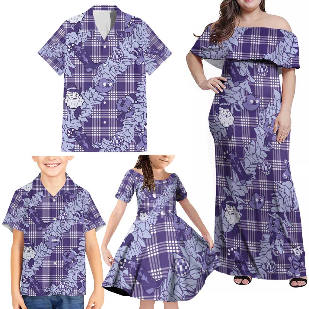 Purple Palaka Hawaii Cowboy Christmas Family Matching Off Shoulder Maxi Dress and Hawaiian Shirt Paniolo Mix Maile Lei - Polynesian Pride