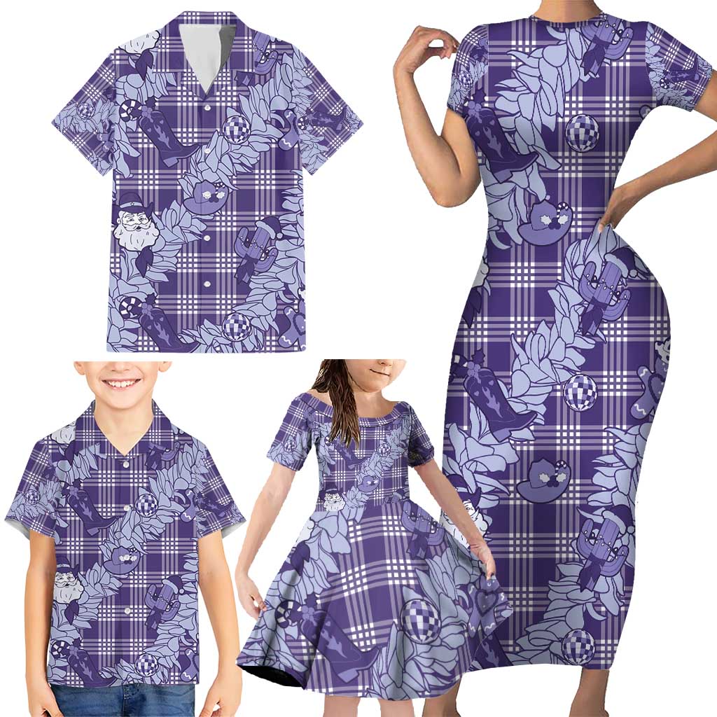 Purple Palaka Hawaii Cowboy Christmas Family Matching Short Sleeve Bodycon Dress and Hawaiian Shirt Paniolo Mix Maile Lei - Polynesian Pride