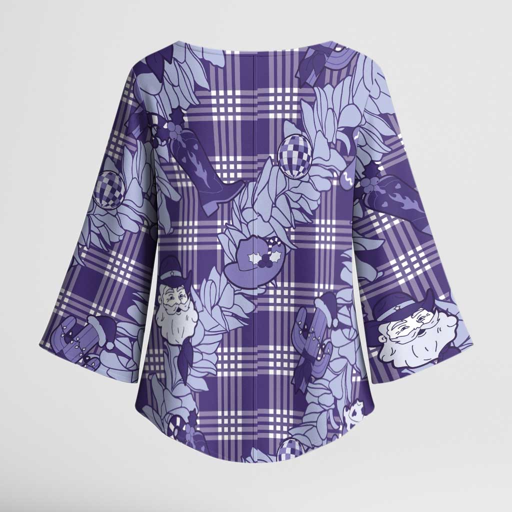 Purple Palaka Hawaii Cowboy Christmas Kimono Sleeve Blouse Paniolo Mix Maile Lei - Polynesian Pride