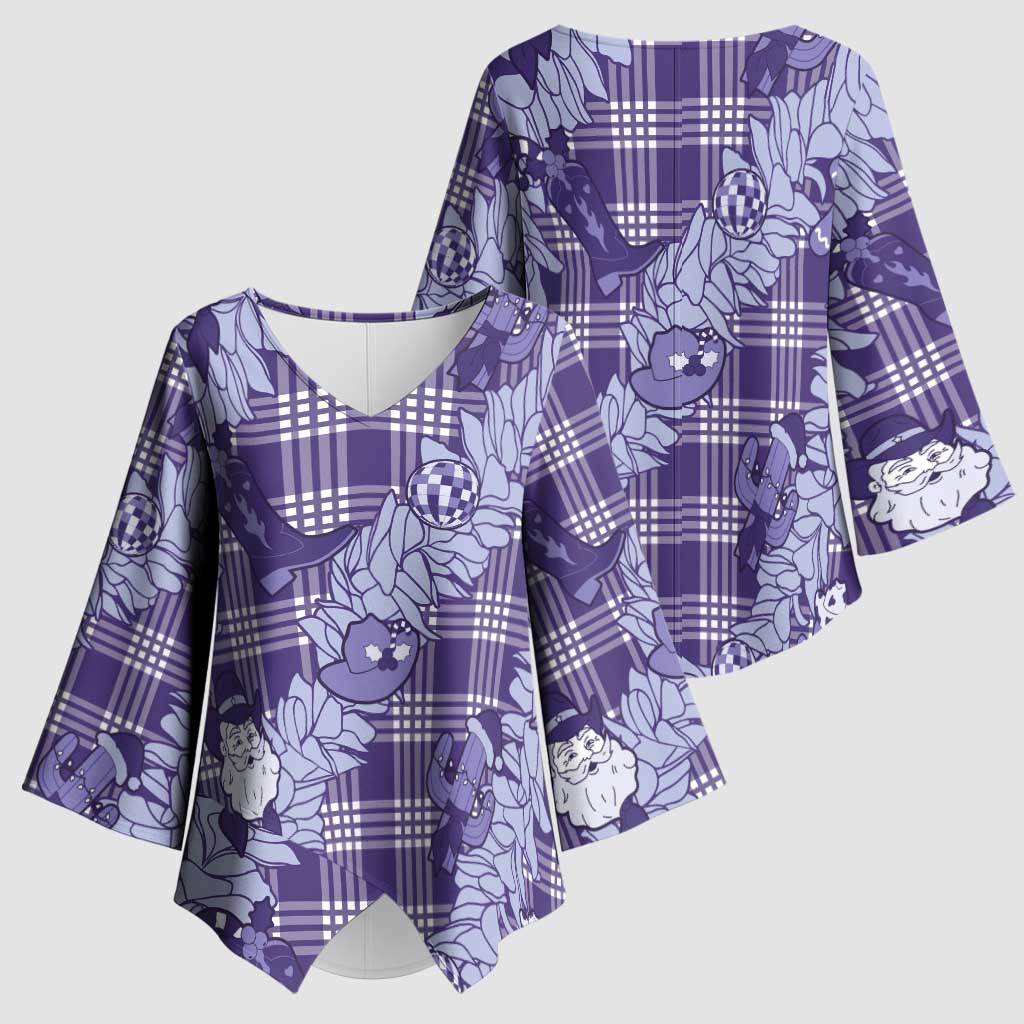 Purple Palaka Hawaii Cowboy Christmas Kimono Sleeve Blouse Paniolo Mix Maile Lei - Polynesian Pride