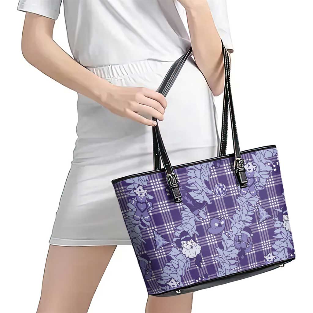 Purple Palaka Hawaii Cowboy Christmas Leather Tote Bag Paniolo Mix Maile Lei - Polynesian Pride