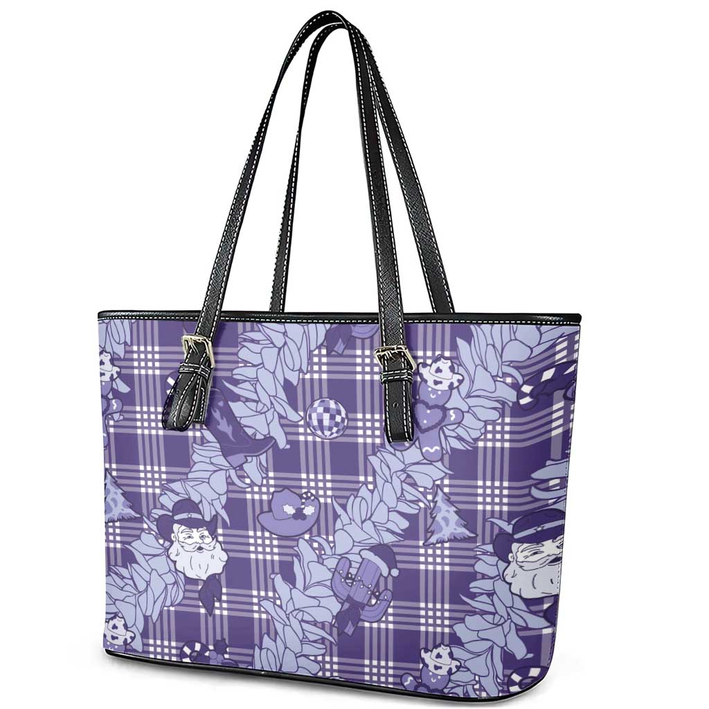 Purple Palaka Hawaii Cowboy Christmas Leather Tote Bag Paniolo Mix Maile Lei - Polynesian Pride