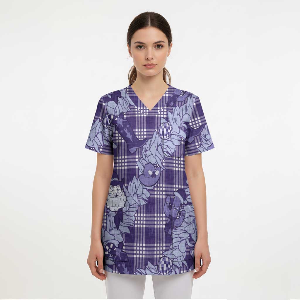 Purple Palaka Hawaii Cowboy Christmas Scrub Top Paniolo Mix Maile Lei - Polynesian Pride