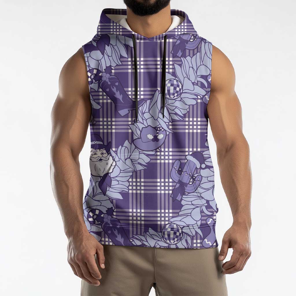 Purple Palaka Hawaii Cowboy Christmas Sleeveless Hoodie Paniolo Mix Maile Lei - Polynesian Pride