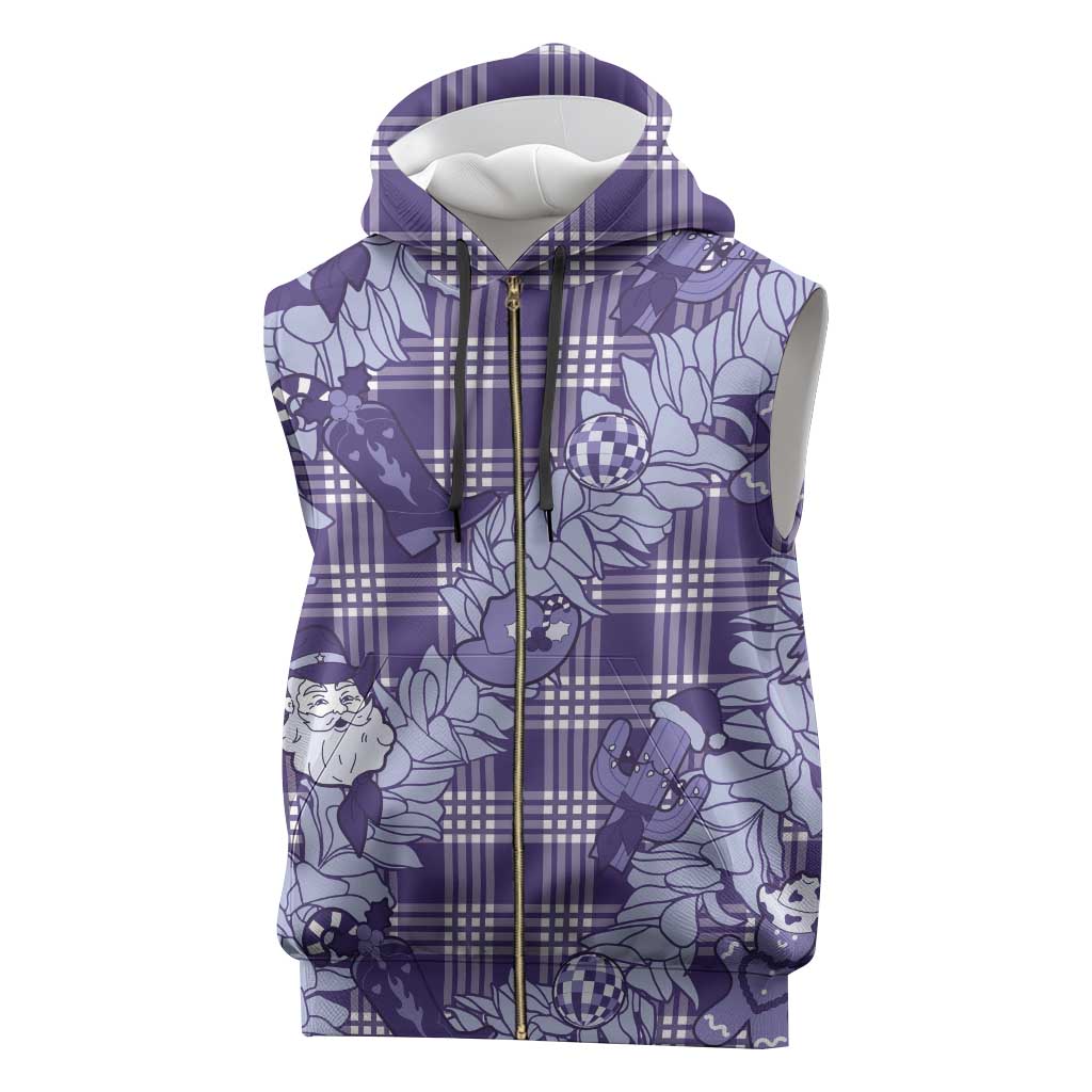 Purple Palaka Hawaii Cowboy Christmas Sleeveless Zip Hoodie Paniolo Mix Maile Lei - Polynesian Pride
