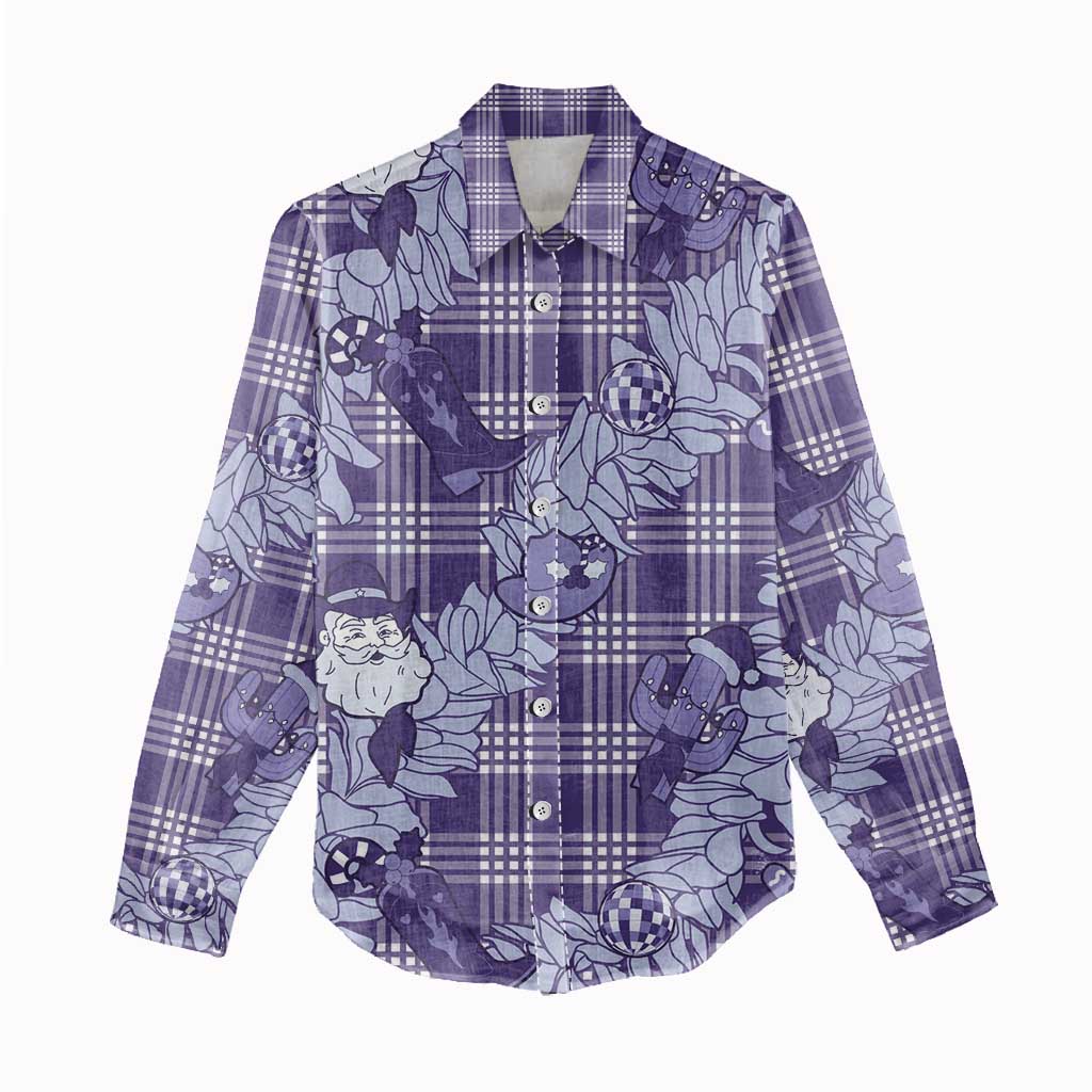 Purple Palaka Hawaii Cowboy Christmas Women Casual Shirt Paniolo Mix Maile Lei - Polynesian Pride