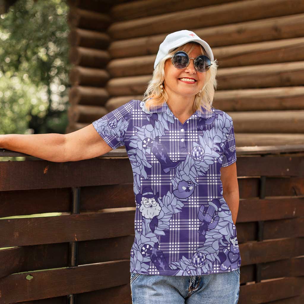 Purple Palaka Hawaii Cowboy Christmas Women Polo Shirt Paniolo Mix Maile Lei - Polynesian Pride