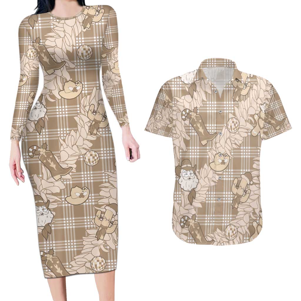 Khaki Palaka Hawaii Cowboy Christmas Couples Matching Long Sleeve Bodycon Dress and Hawaiian Shirt Paniolo Mix Maile Lei - Polynesian Pride
