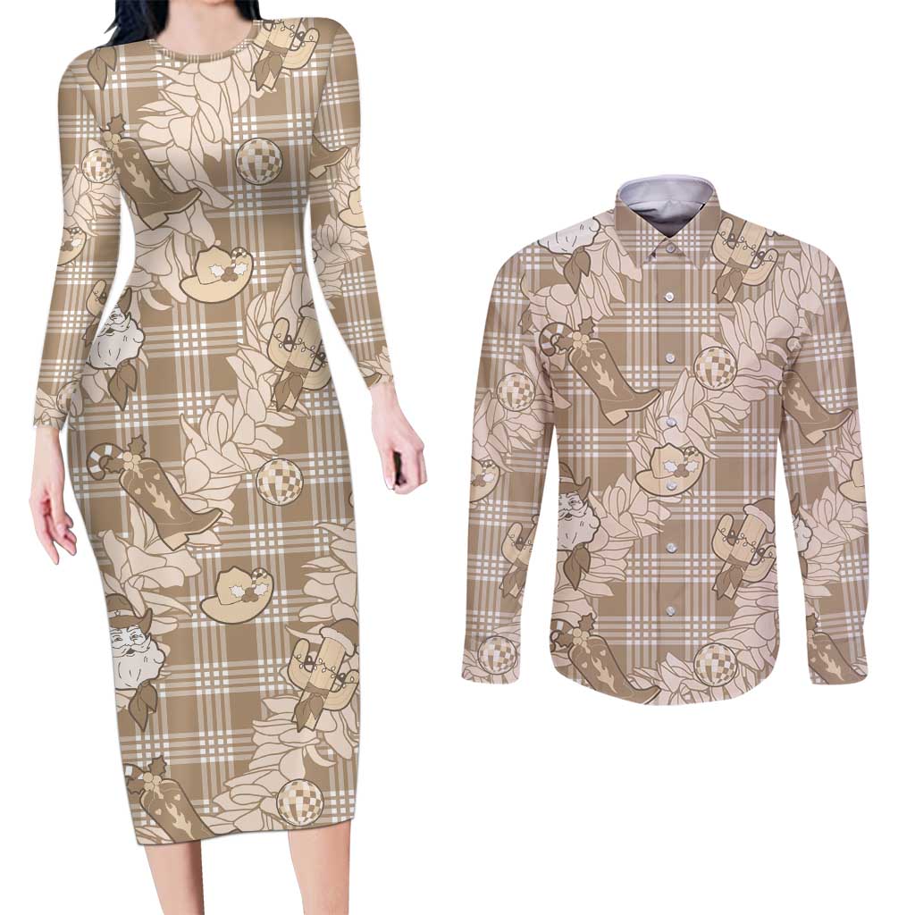 Khaki Palaka Hawaii Cowboy Christmas Couples Matching Long Sleeve Bodycon Dress and Long Sleeve Button Shirt Paniolo Mix Maile Lei - Polynesian Pride