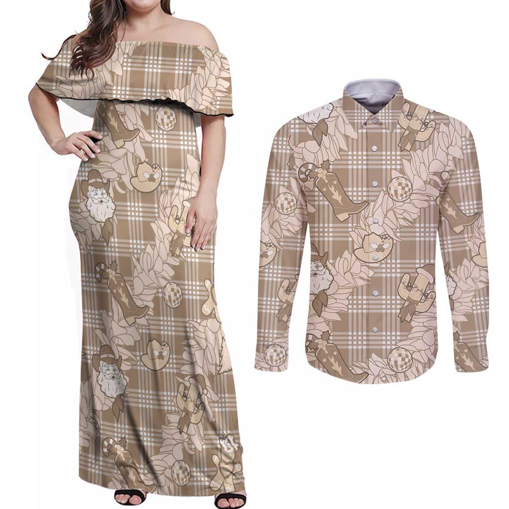 Khaki Palaka Hawaii Cowboy Christmas Couples Matching Off Shoulder Maxi Dress and Long Sleeve Button Shirt Paniolo Mix Maile Lei - Polynesian Pride