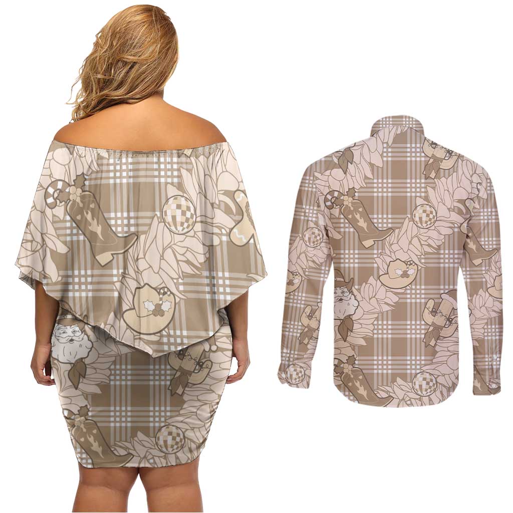 Khaki Palaka Hawaii Cowboy Christmas Couples Matching Off Shoulder Short Dress and Long Sleeve Button Shirt Paniolo Mix Maile Lei - Polynesian Pride