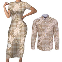 Khaki Palaka Hawaii Cowboy Christmas Couples Matching Short Sleeve Bodycon Dress and Long Sleeve Button Shirt Paniolo Mix Maile Lei - Polynesian Pride