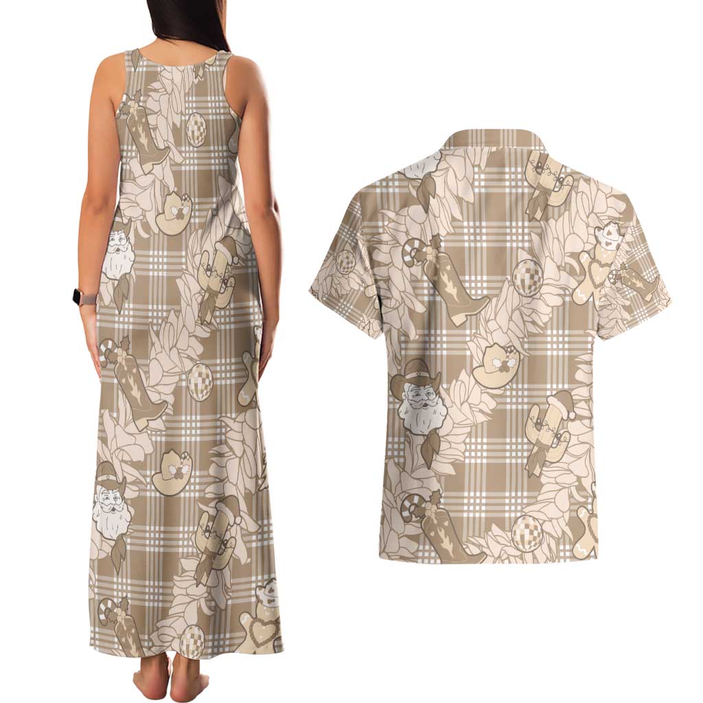 Khaki Palaka Hawaii Cowboy Christmas Couples Matching Tank Maxi Dress and Hawaiian Shirt Paniolo Mix Maile Lei - Polynesian Pride