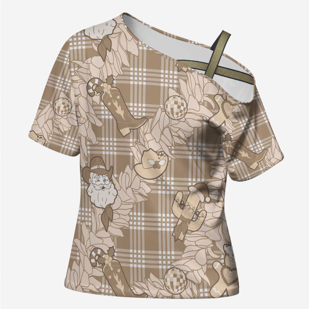 Khaki Palaka Hawaii Cowboy Christmas Cross Shoulder Shirt Paniolo Mix Maile Lei - Polynesian Pride