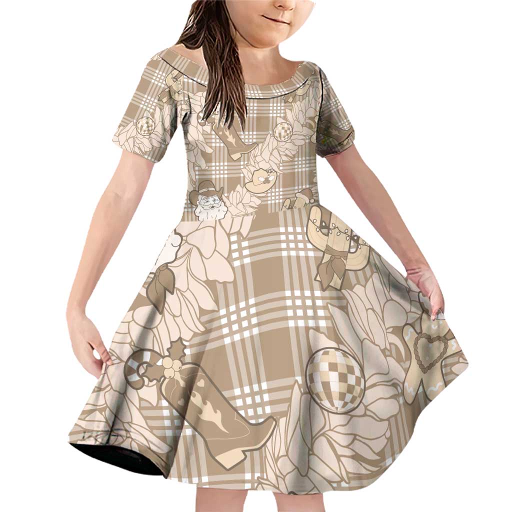 Khaki Palaka Hawaii Cowboy Christmas Family Matching Off Shoulder Short Dress and Hawaiian Shirt Paniolo Mix Maile Lei - Polynesian Pride