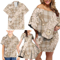 Khaki Palaka Hawaii Cowboy Christmas Family Matching Off Shoulder Short Dress and Hawaiian Shirt Paniolo Mix Maile Lei - Polynesian Pride