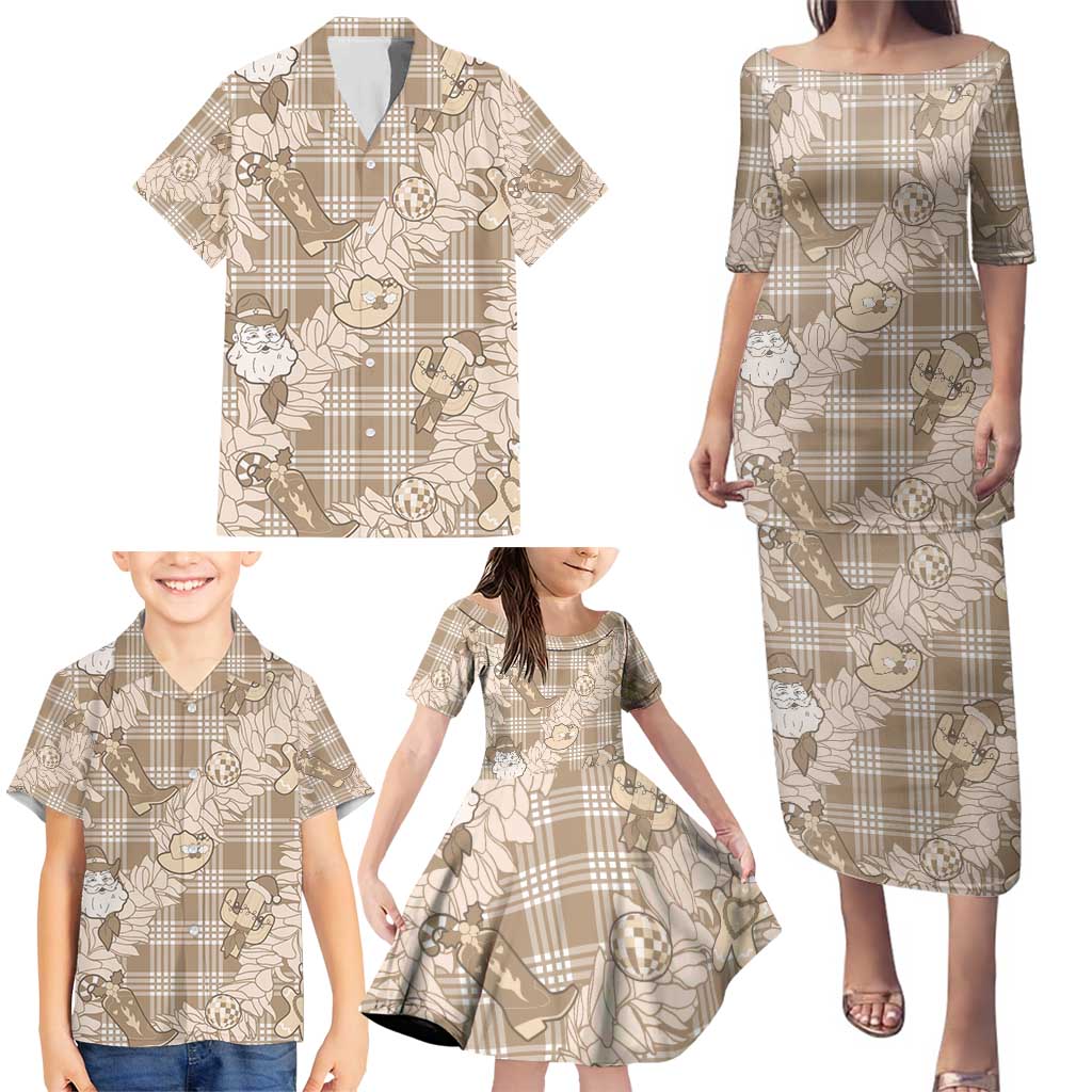 Khaki Palaka Hawaii Cowboy Christmas Family Matching Puletasi and Hawaiian Shirt Paniolo Mix Maile Lei - Polynesian Pride