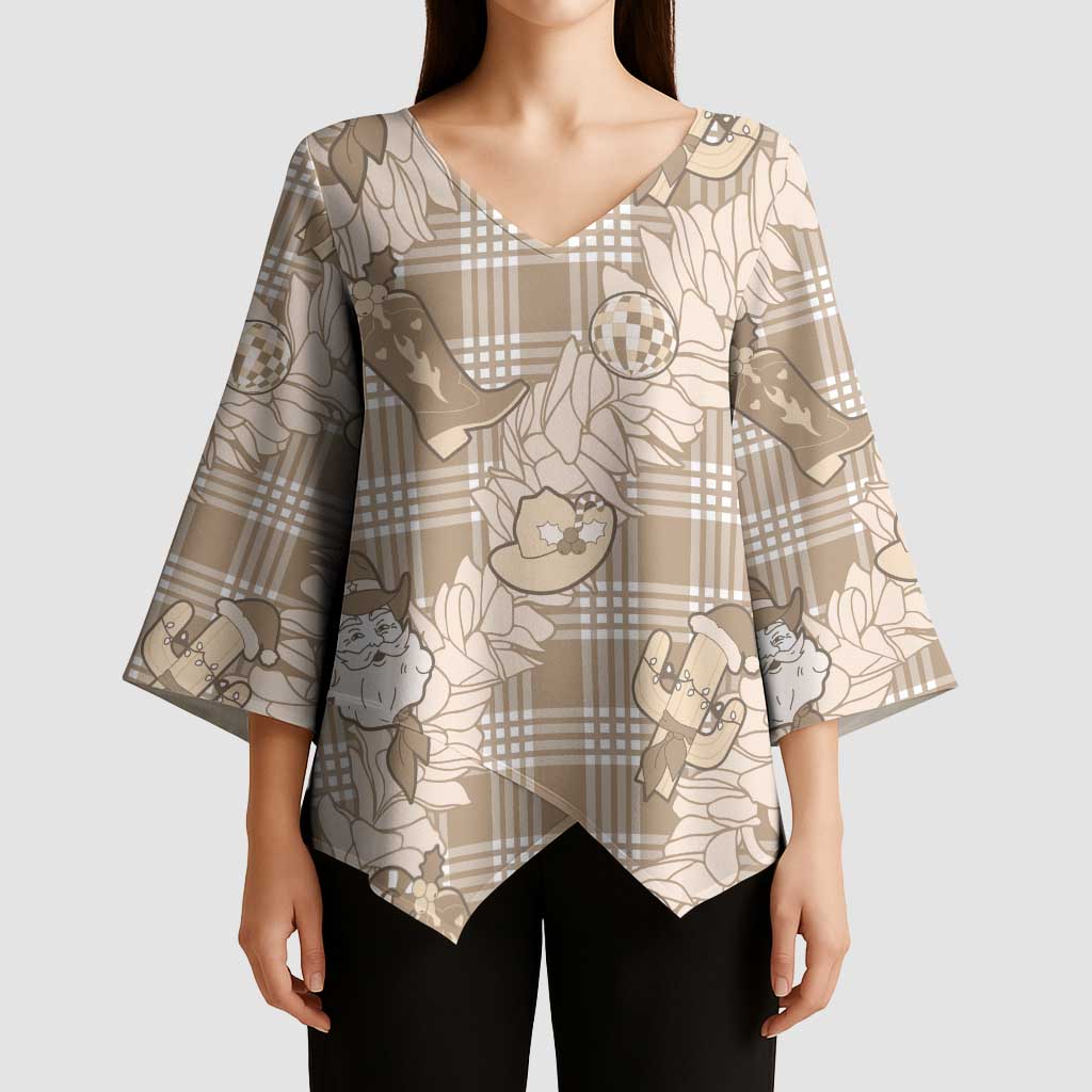Khaki Palaka Hawaii Cowboy Christmas Kimono Sleeve Blouse Paniolo Mix Maile Lei - Polynesian Pride