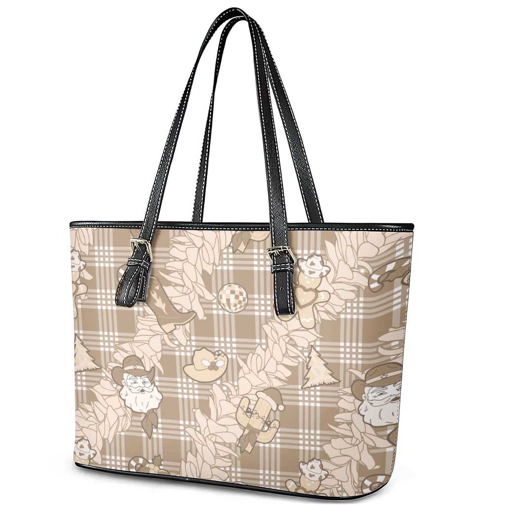 Khaki Palaka Hawaii Cowboy Christmas Leather Tote Bag Paniolo Mix Maile Lei - Polynesian Pride