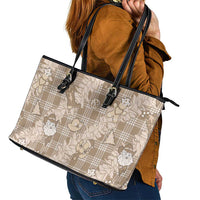 Khaki Palaka Hawaii Cowboy Christmas Leather Tote Bag Paniolo Mix Maile Lei - Polynesian Pride