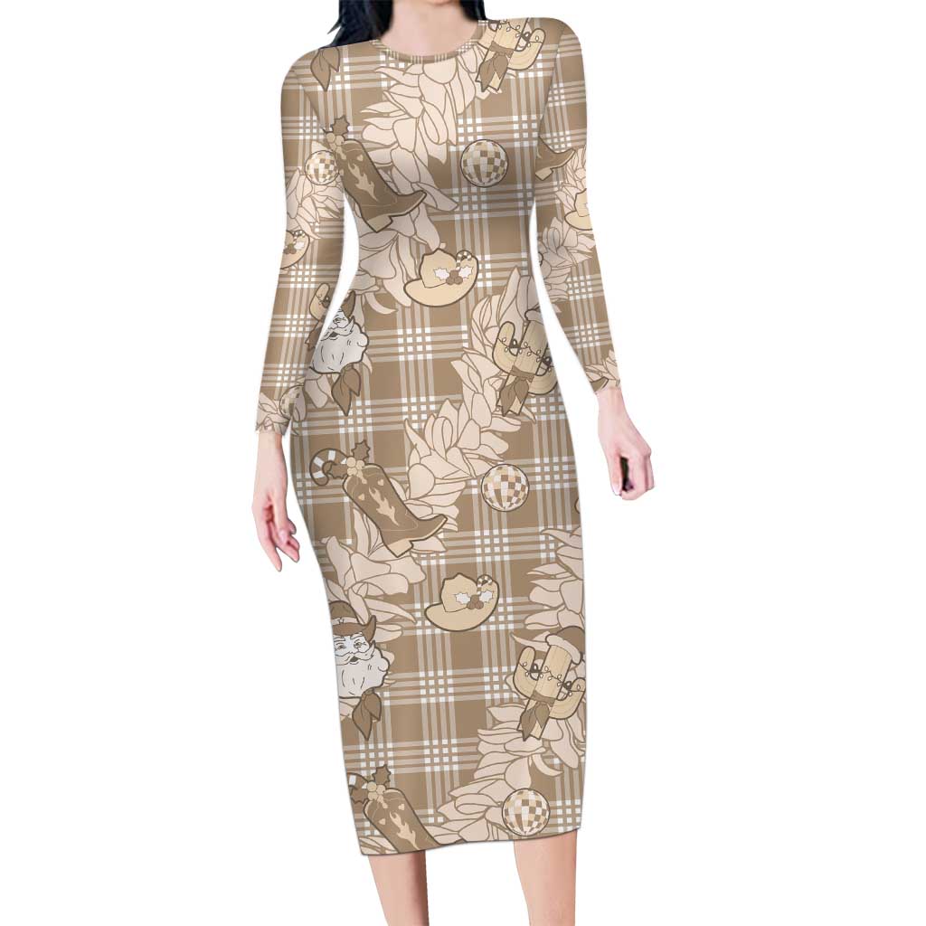 Khaki Palaka Hawaii Cowboy Christmas Long Sleeve Bodycon Dress Paniolo Mix Maile Lei - Polynesian Pride