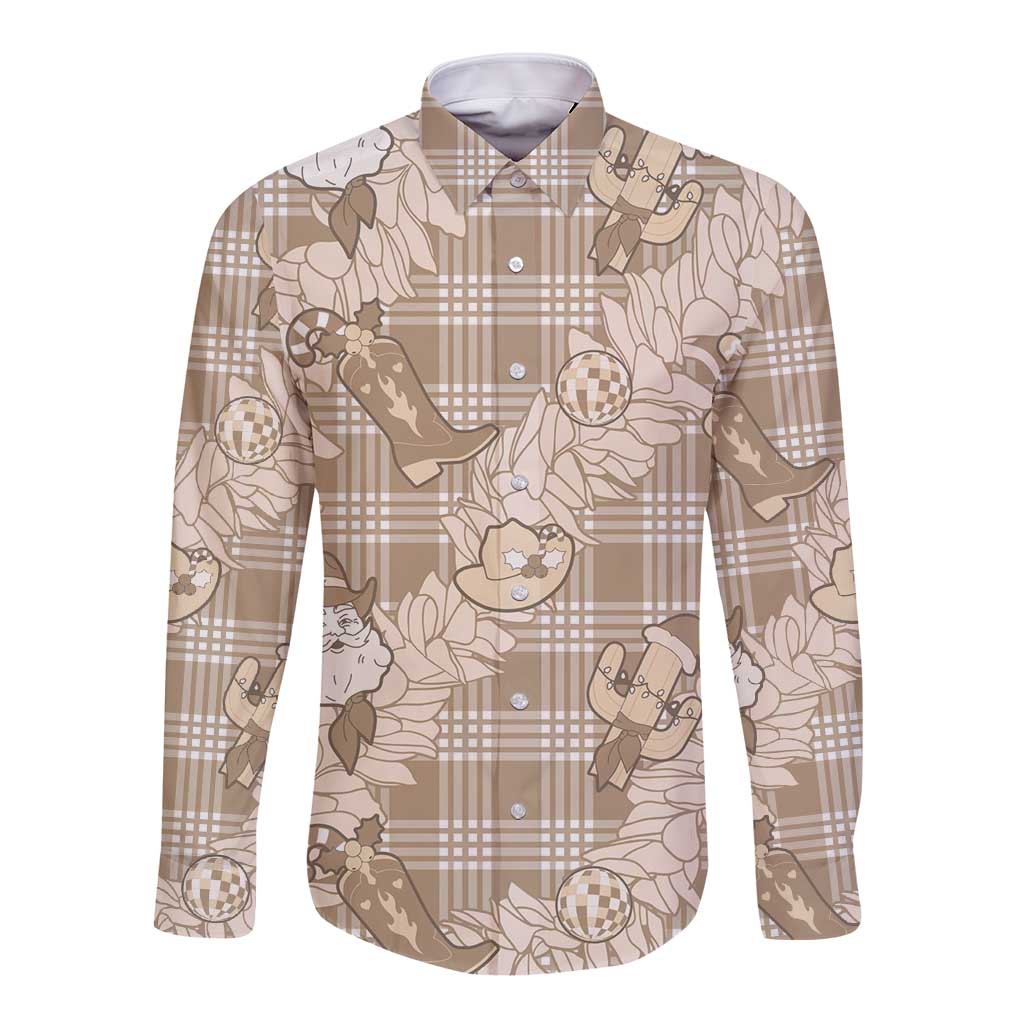 Khaki Palaka Hawaii Cowboy Christmas Long Sleeve Button Shirt Paniolo Mix Maile Lei - Polynesian Pride