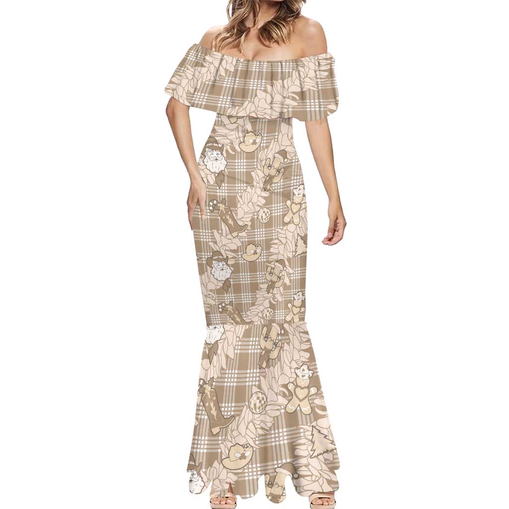 Khaki Palaka Hawaii Cowboy Christmas Mermaid Dress Paniolo Mix Maile Lei - Polynesian Pride