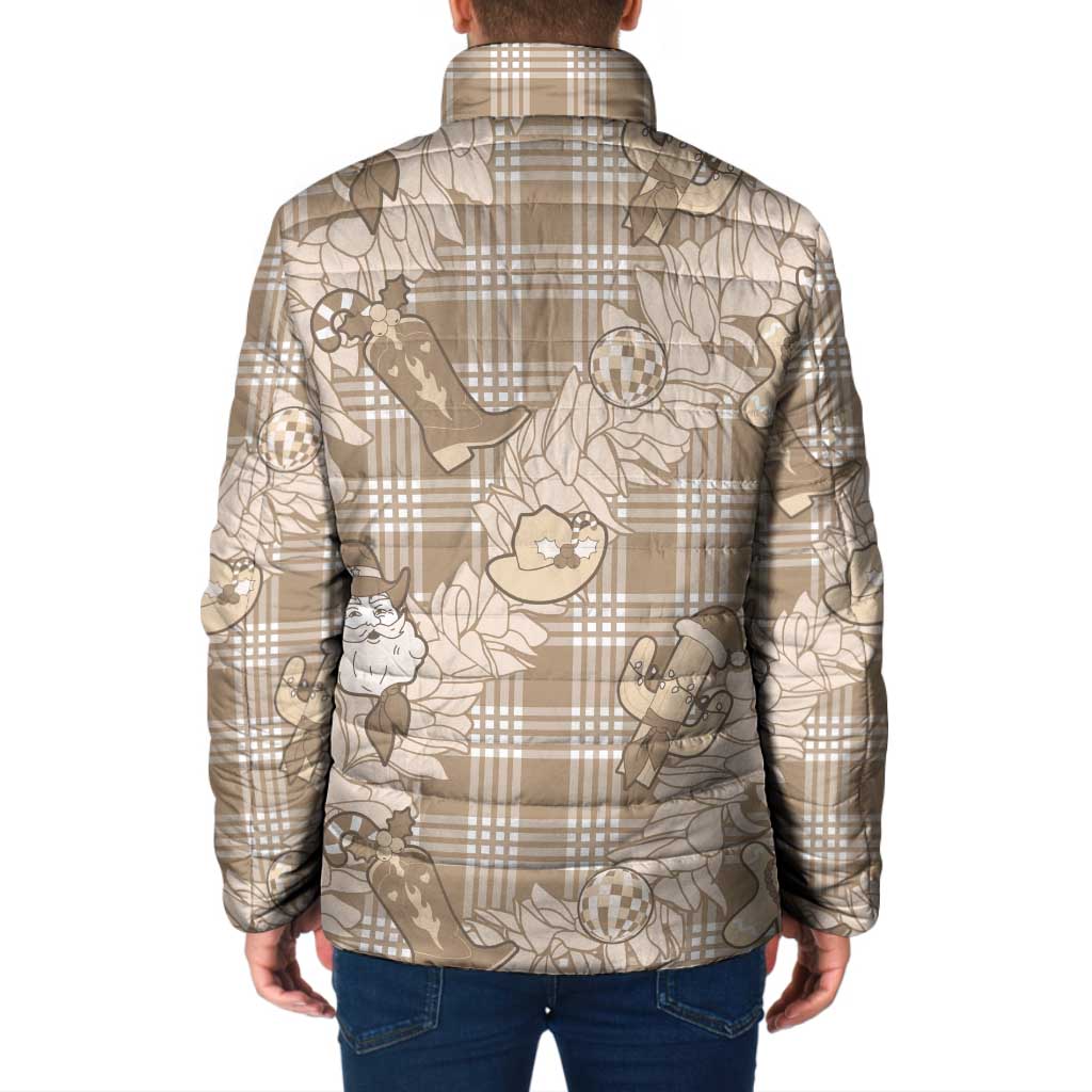 Khaki Palaka Hawaii Cowboy Christmas Padded Jacket Paniolo Mix Maile Lei - Polynesian Pride