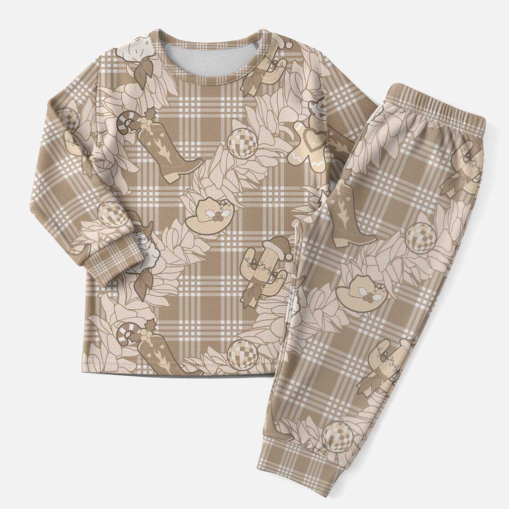 Khaki Palaka Hawaii Cowboy Christmas Pajama Set Paniolo Mix Maile Lei - Polynesian Pride