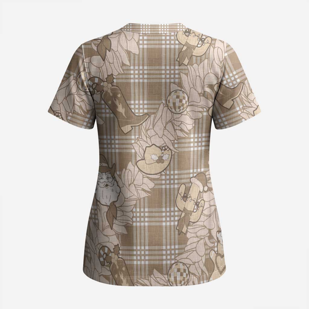 Khaki Palaka Hawaii Cowboy Christmas Scrub Top Paniolo Mix Maile Lei - Polynesian Pride