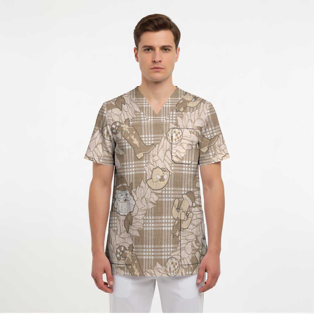 Khaki Palaka Hawaii Cowboy Christmas Scrub Top Paniolo Mix Maile Lei - Polynesian Pride