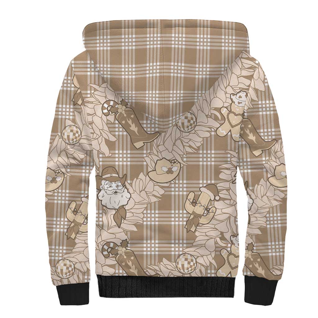 Khaki Palaka Hawaii Cowboy Christmas Sherpa Hoodie Paniolo Mix Maile Lei - Polynesian Pride