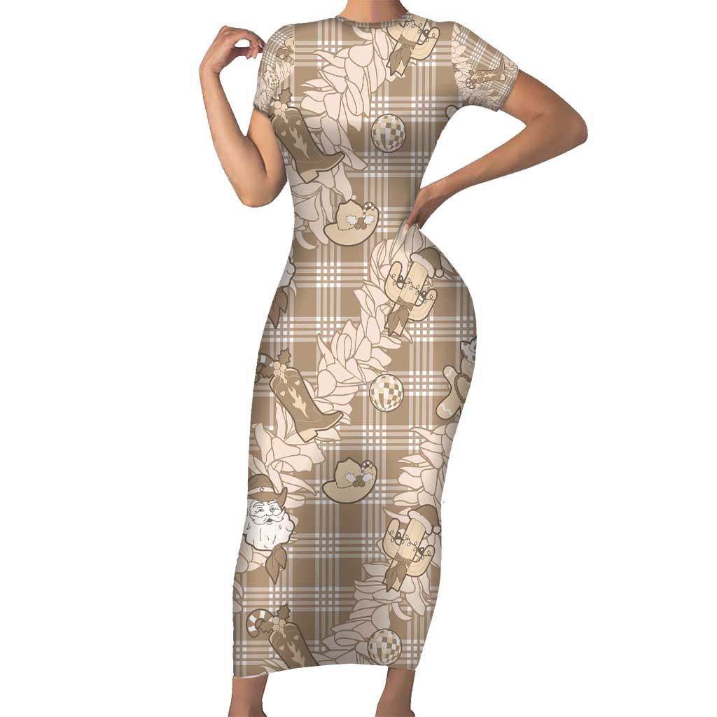 Khaki Palaka Hawaii Cowboy Christmas Short Sleeve Bodycon Dress Paniolo Mix Maile Lei - Polynesian Pride