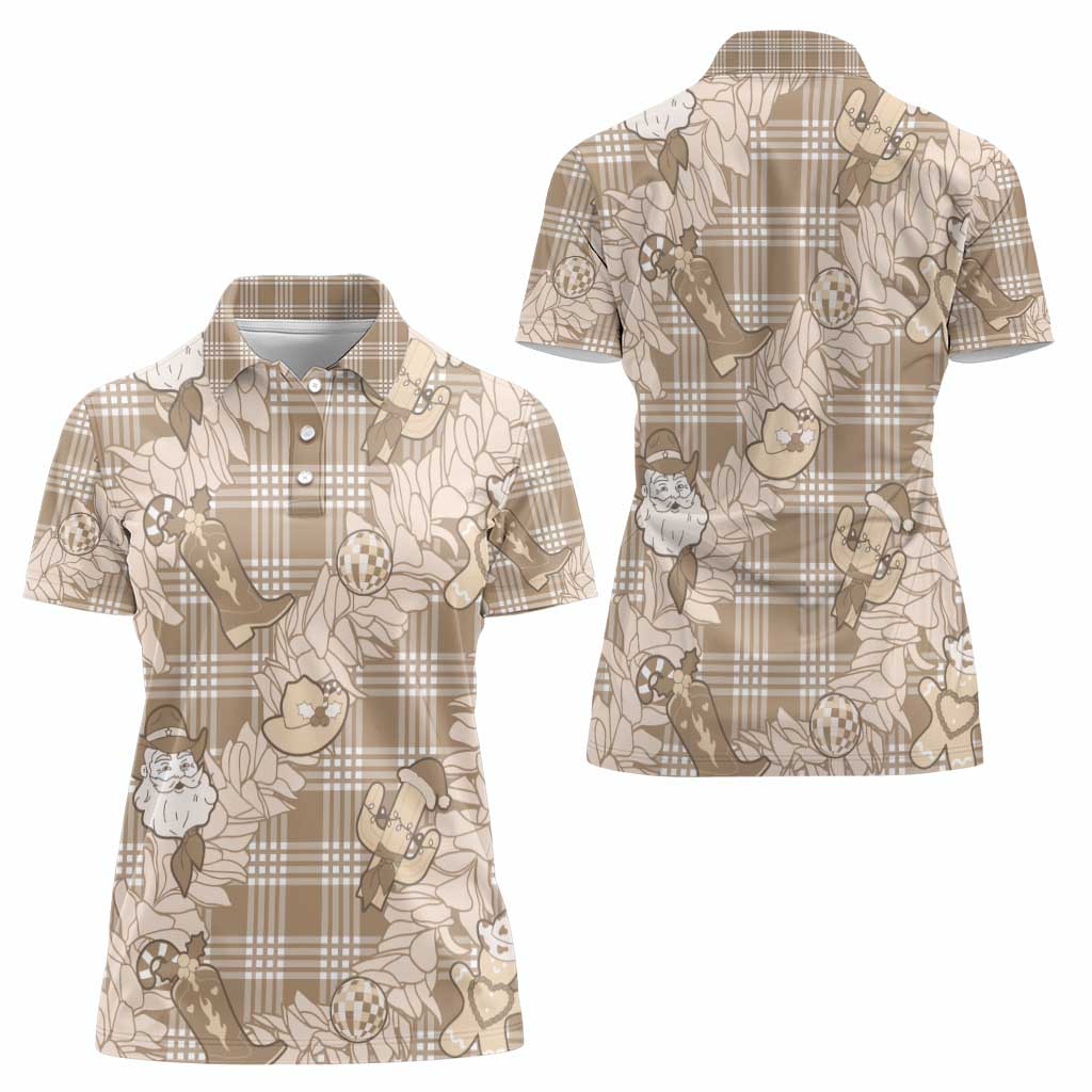 Khaki Palaka Hawaii Cowboy Christmas Women Polo Shirt Paniolo Mix Maile Lei - Polynesian Pride
