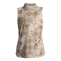 Khaki Palaka Hawaii Cowboy Christmas Women Sleeveless Polo Shirt Paniolo Mix Maile Lei - Polynesian Pride