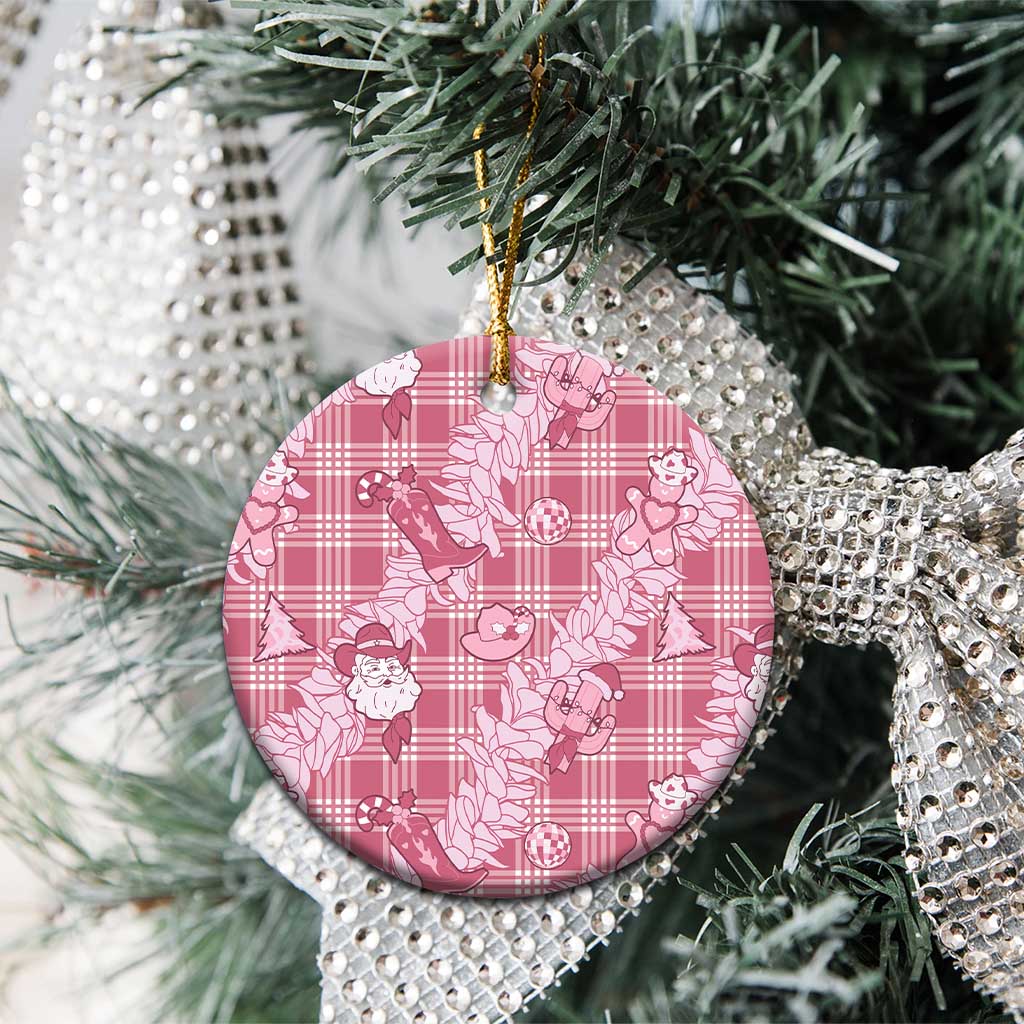 Pink Palaka Hawaii Cowboy Christmas Ceramic Ornament Paniolo Mix Maile Lei - Polynesian Pride