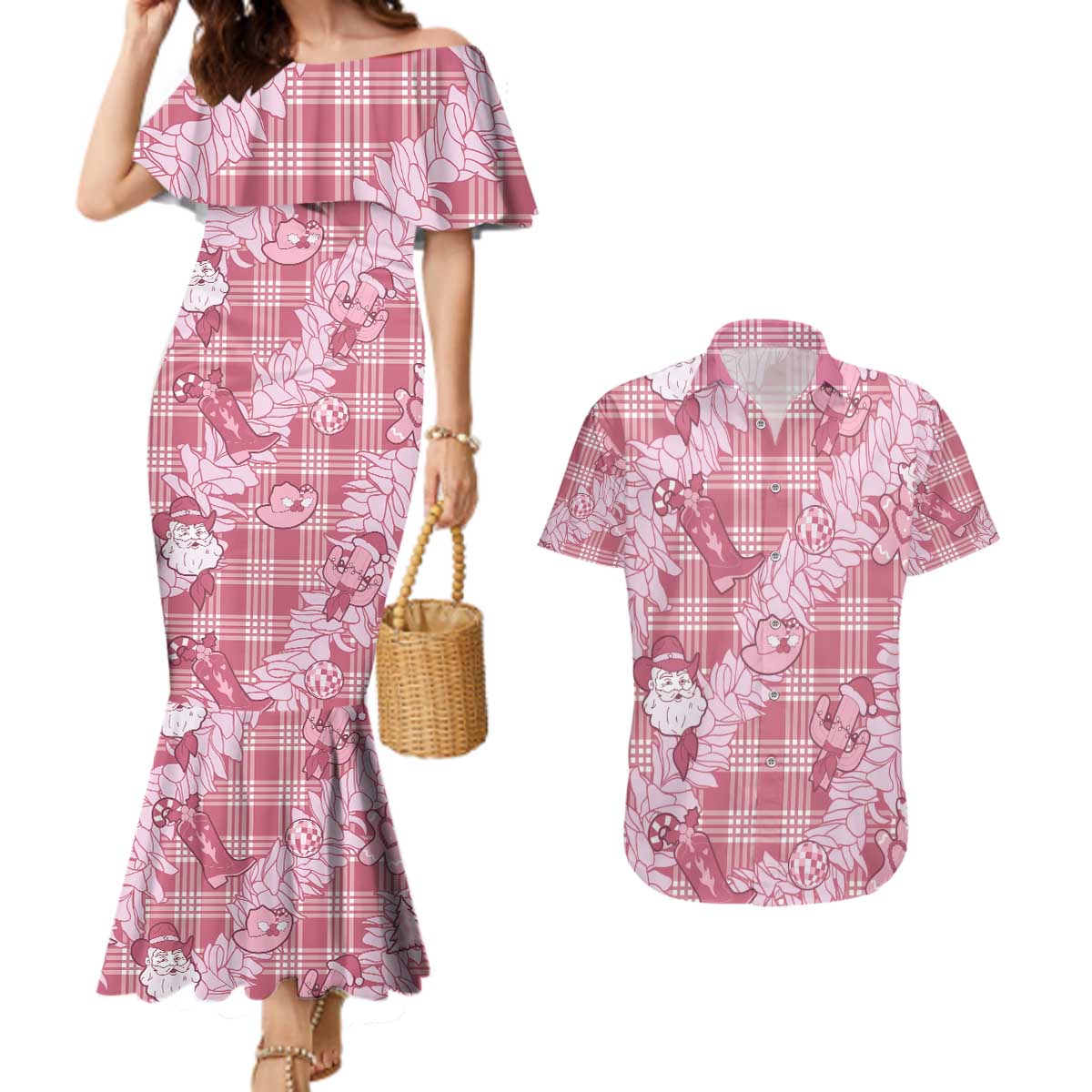 Pink Palaka Hawaii Cowboy Christmas Couples Matching Mermaid Dress and Hawaiian Shirt Paniolo Mix Maile Lei - Polynesian Pride