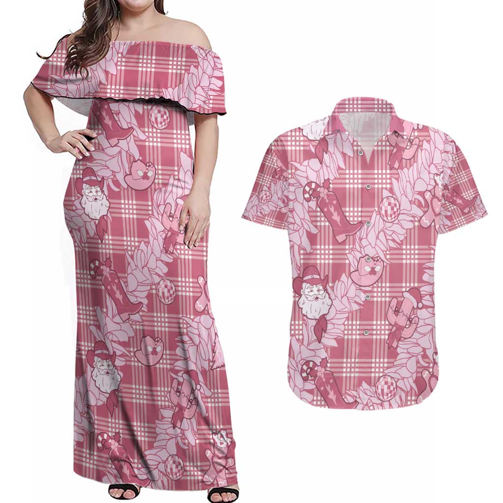 Pink Palaka Hawaii Cowboy Christmas Couples Matching Off Shoulder Maxi Dress and Hawaiian Shirt Paniolo Mix Maile Lei - Polynesian Pride