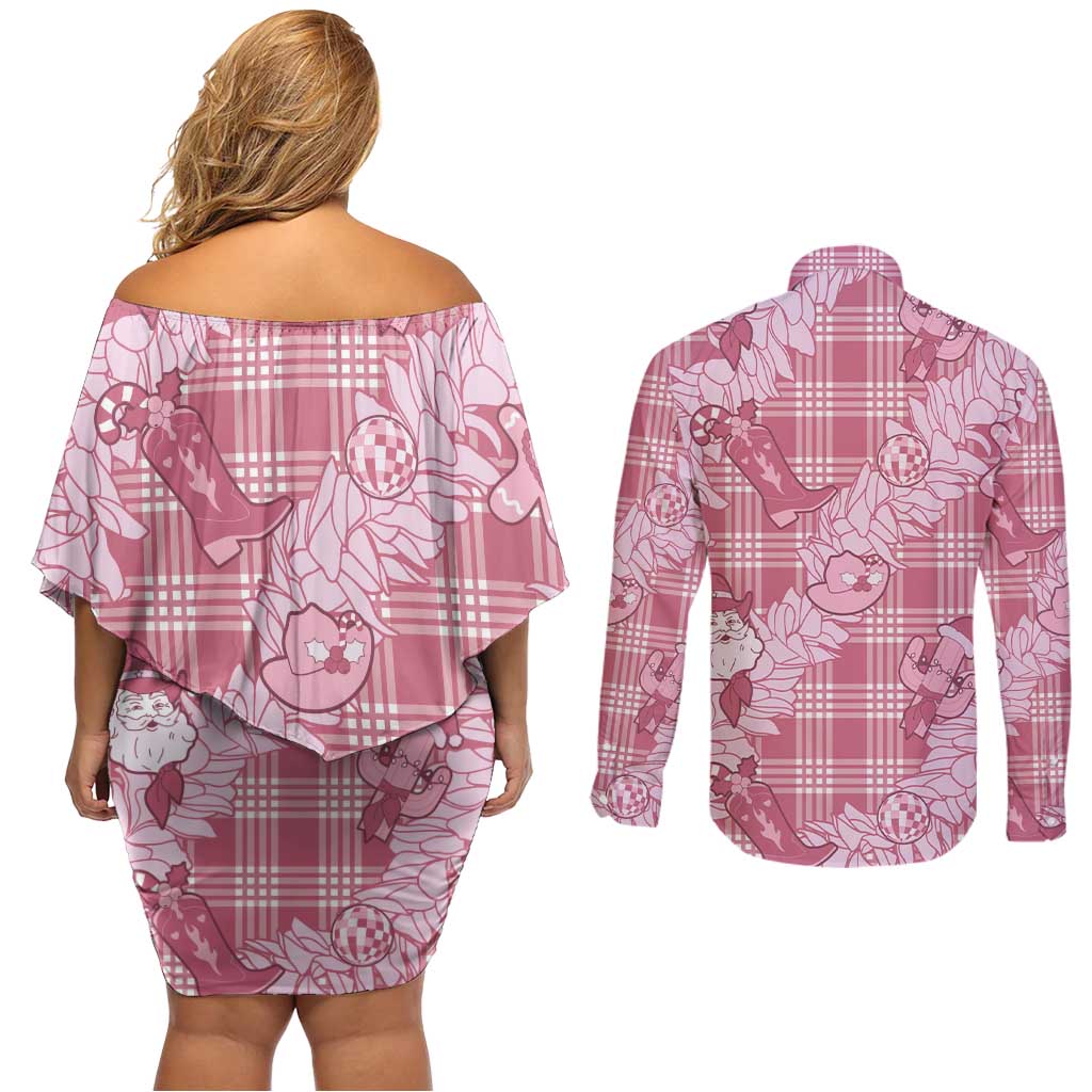 Pink Palaka Hawaii Cowboy Christmas Couples Matching Off Shoulder Short Dress and Long Sleeve Button Shirt Paniolo Mix Maile Lei - Polynesian Pride