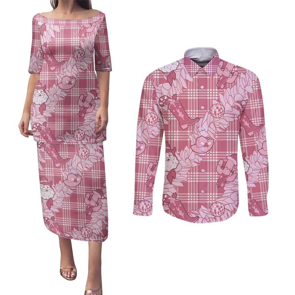 Pink Palaka Hawaii Cowboy Christmas Couples Matching Puletasi and Long Sleeve Button Shirt Paniolo Mix Maile Lei - Polynesian Pride