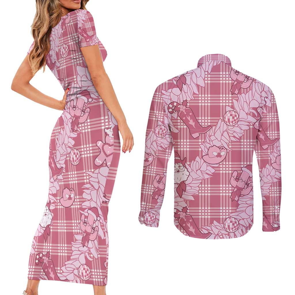 Pink Palaka Hawaii Cowboy Christmas Couples Matching Short Sleeve Bodycon Dress and Long Sleeve Button Shirt Paniolo Mix Maile Lei - Polynesian Pride