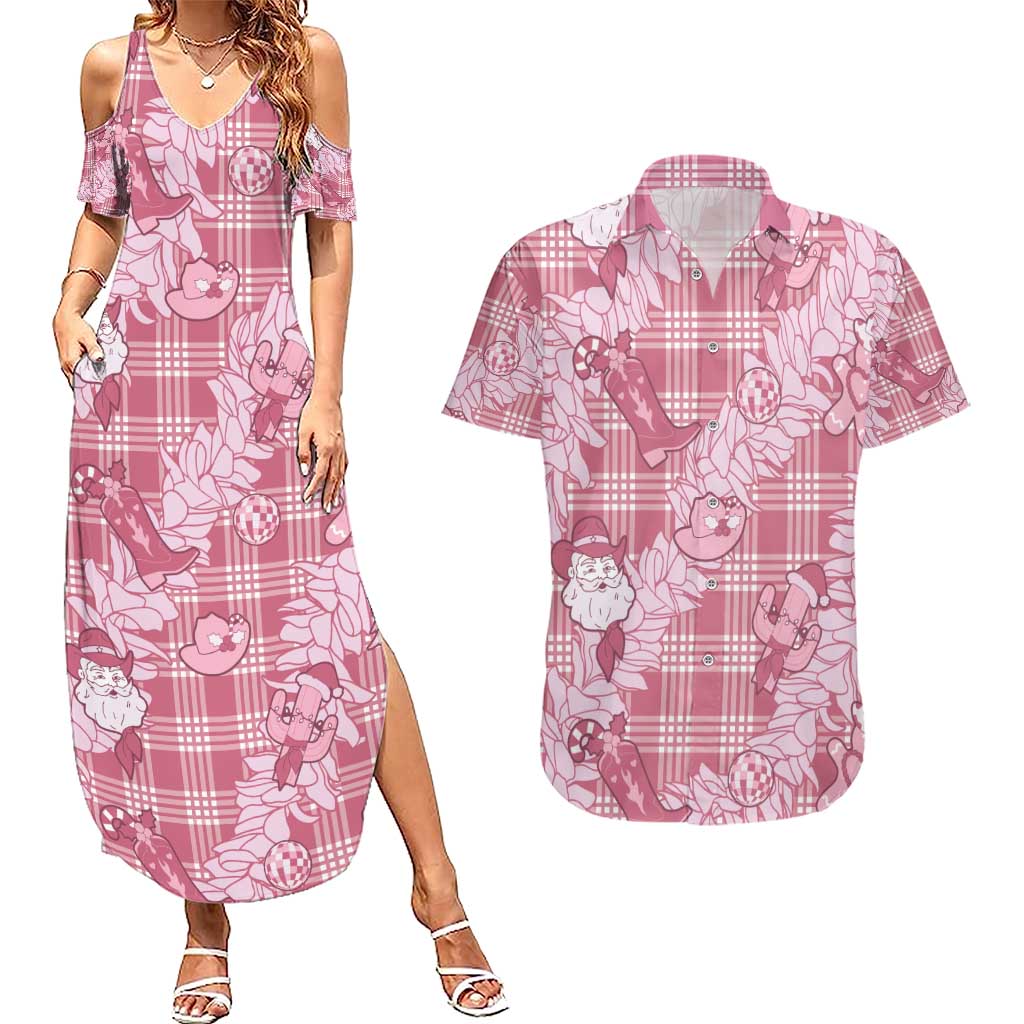 Pink Palaka Hawaii Cowboy Christmas Couples Matching Summer Maxi Dress and Hawaiian Shirt Paniolo Mix Maile Lei - Polynesian Pride