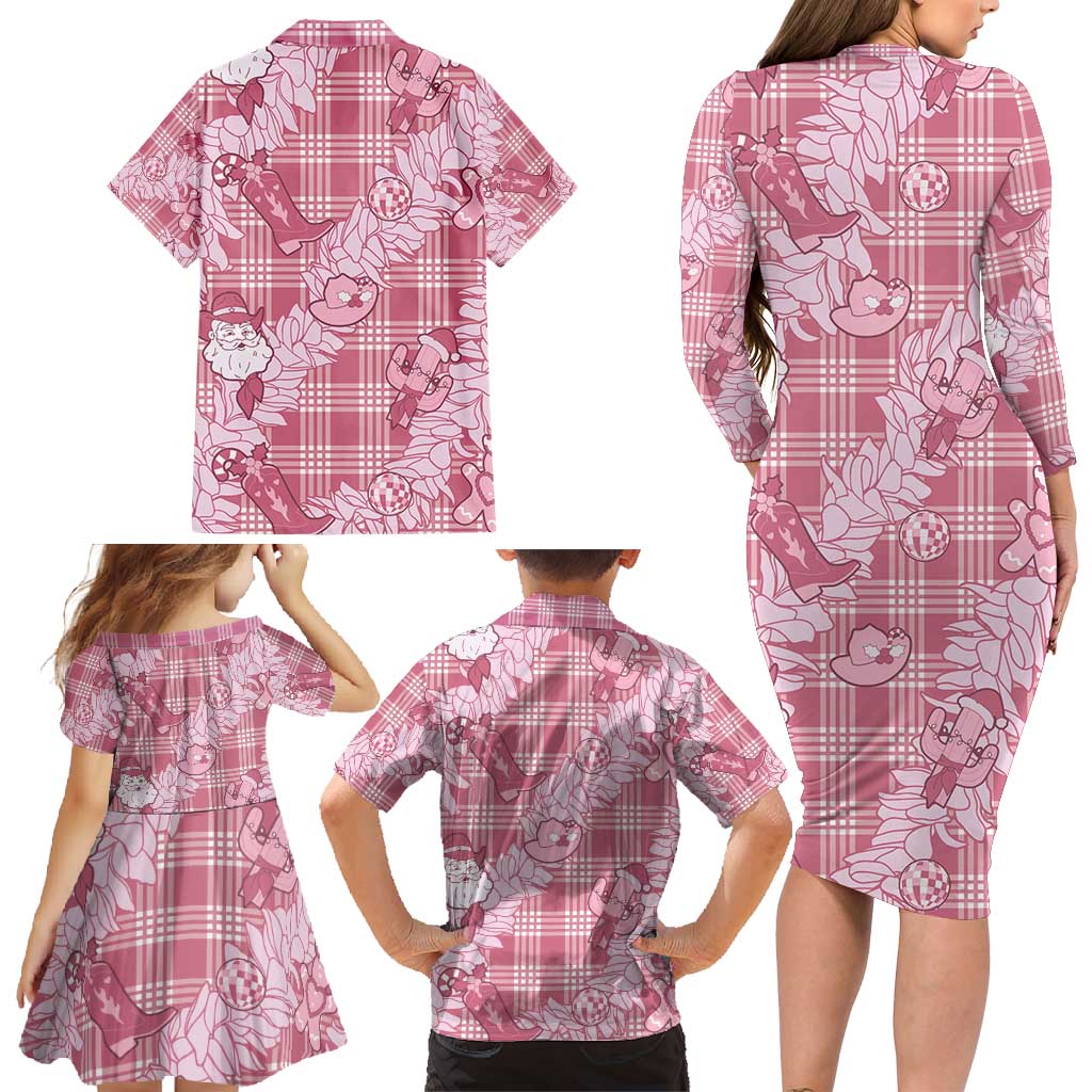 Pink Palaka Hawaii Cowboy Christmas Family Matching Long Sleeve Bodycon Dress and Hawaiian Shirt Paniolo Mix Maile Lei - Polynesian Pride