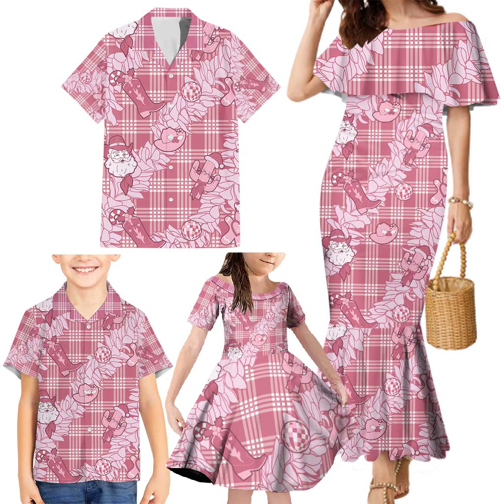 Pink Palaka Hawaii Cowboy Christmas Family Matching Mermaid Dress and Hawaiian Shirt Paniolo Mix Maile Lei - Polynesian Pride