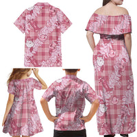 Pink Palaka Hawaii Cowboy Christmas Family Matching Off Shoulder Maxi Dress and Hawaiian Shirt Paniolo Mix Maile Lei - Polynesian Pride