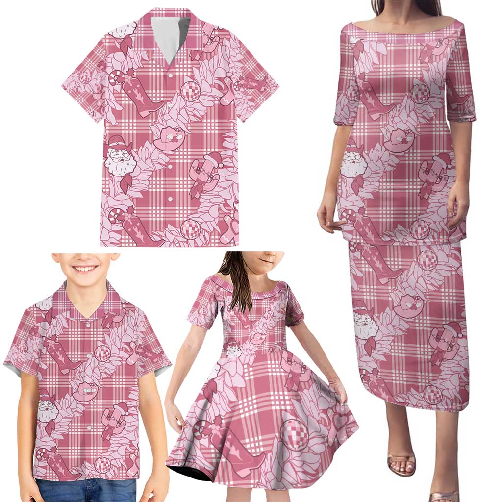 Pink Palaka Hawaii Cowboy Christmas Family Matching Puletasi and Hawaiian Shirt Paniolo Mix Maile Lei - Polynesian Pride